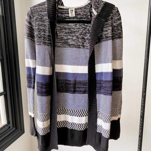 ROXY Stripe Knit Open Duster Hooded Cardigan sz S - Picture 1 of 8